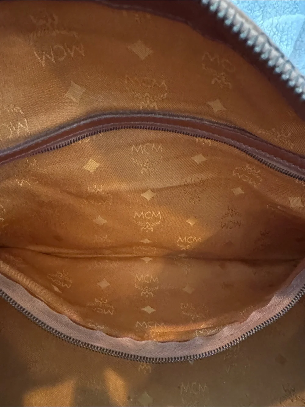 MCM Cognac Monogram Satchel with Dark Brown Handles and Gold Hardware